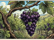 A cluster of purple grapes hanging from a vine in a green vineyard surrounded by grape leaves and distant hills