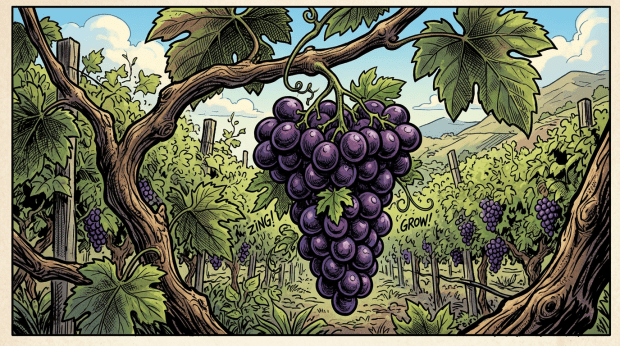 A cluster of purple grapes hanging from a vine in a green vineyard surrounded by grape leaves and distant hills